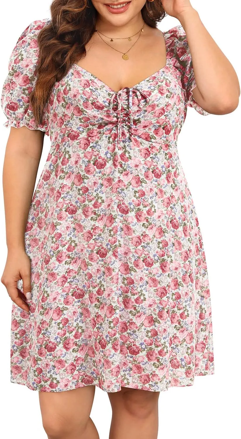 Pinup Fashion Women Plus Size Casual Puff Sleeve Smocked Short Summer Sundress A Line Babydoll Cute Mini Dresses