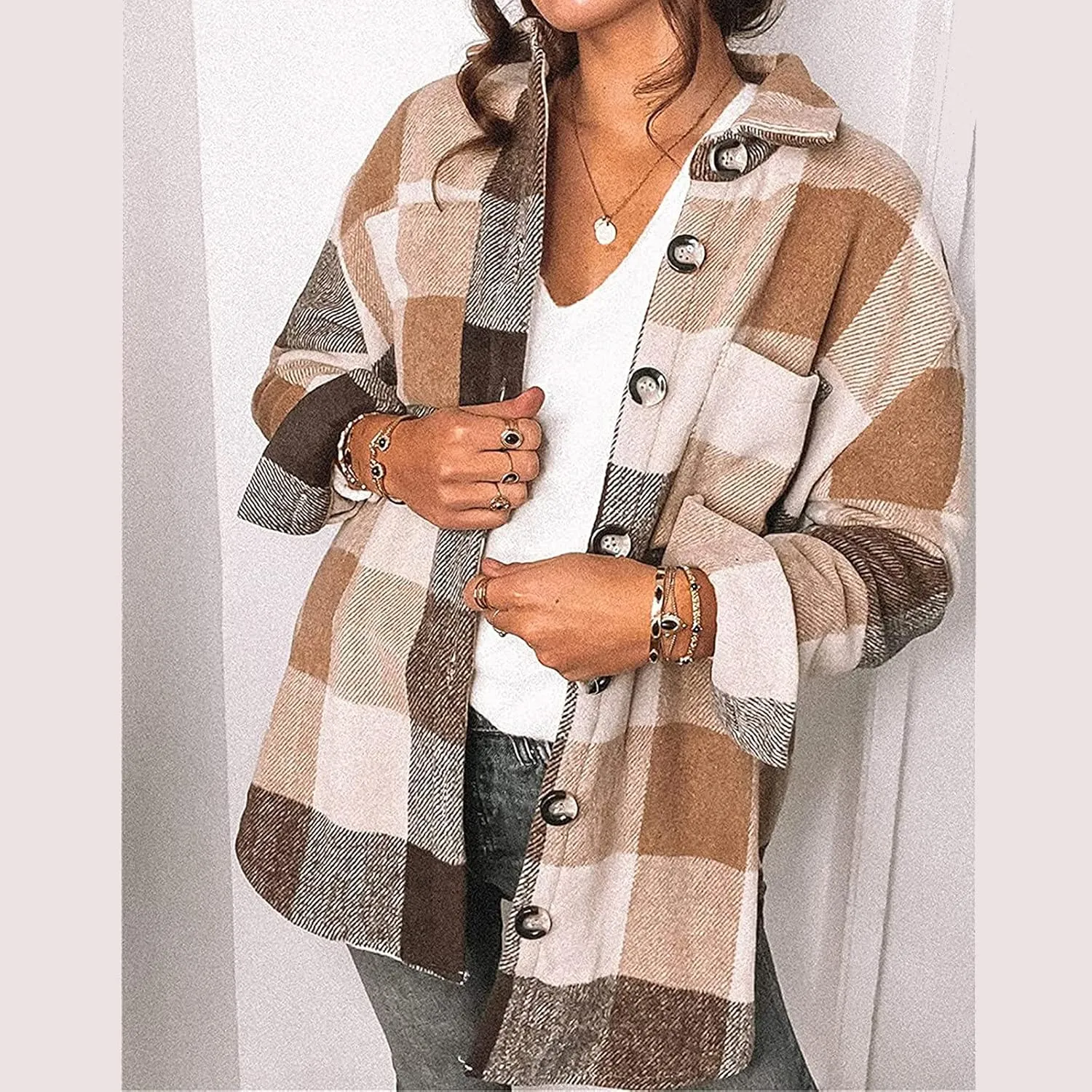 Plaid Flannel Shirts for Women Long Sleeve Button Down Shirt Jackets Casual Wool Blend Oversized Boyfriend Lapel Shackets