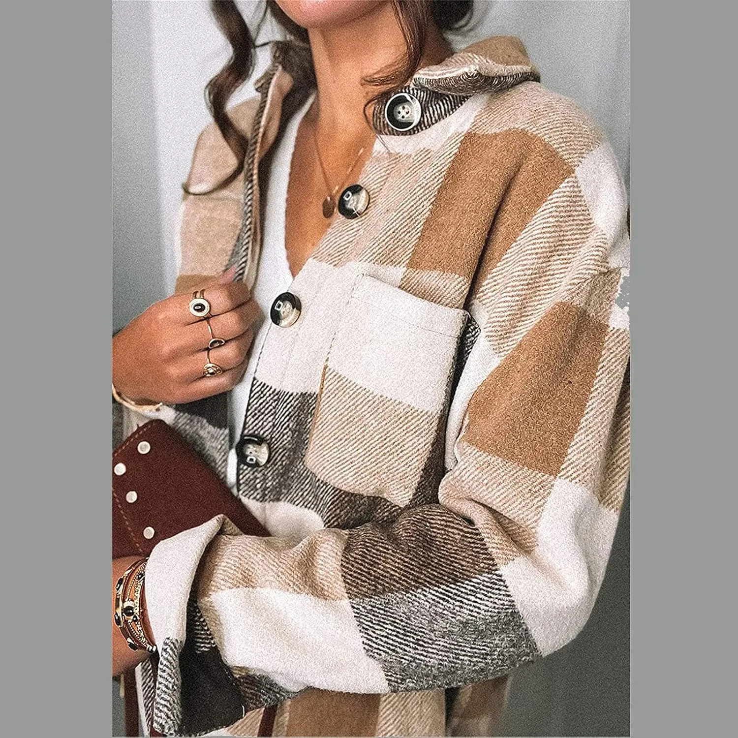Plaid Flannel Shirts for Women Long Sleeve Button Down Shirt Jackets Casual Wool Blend Oversized Boyfriend Lapel Shackets