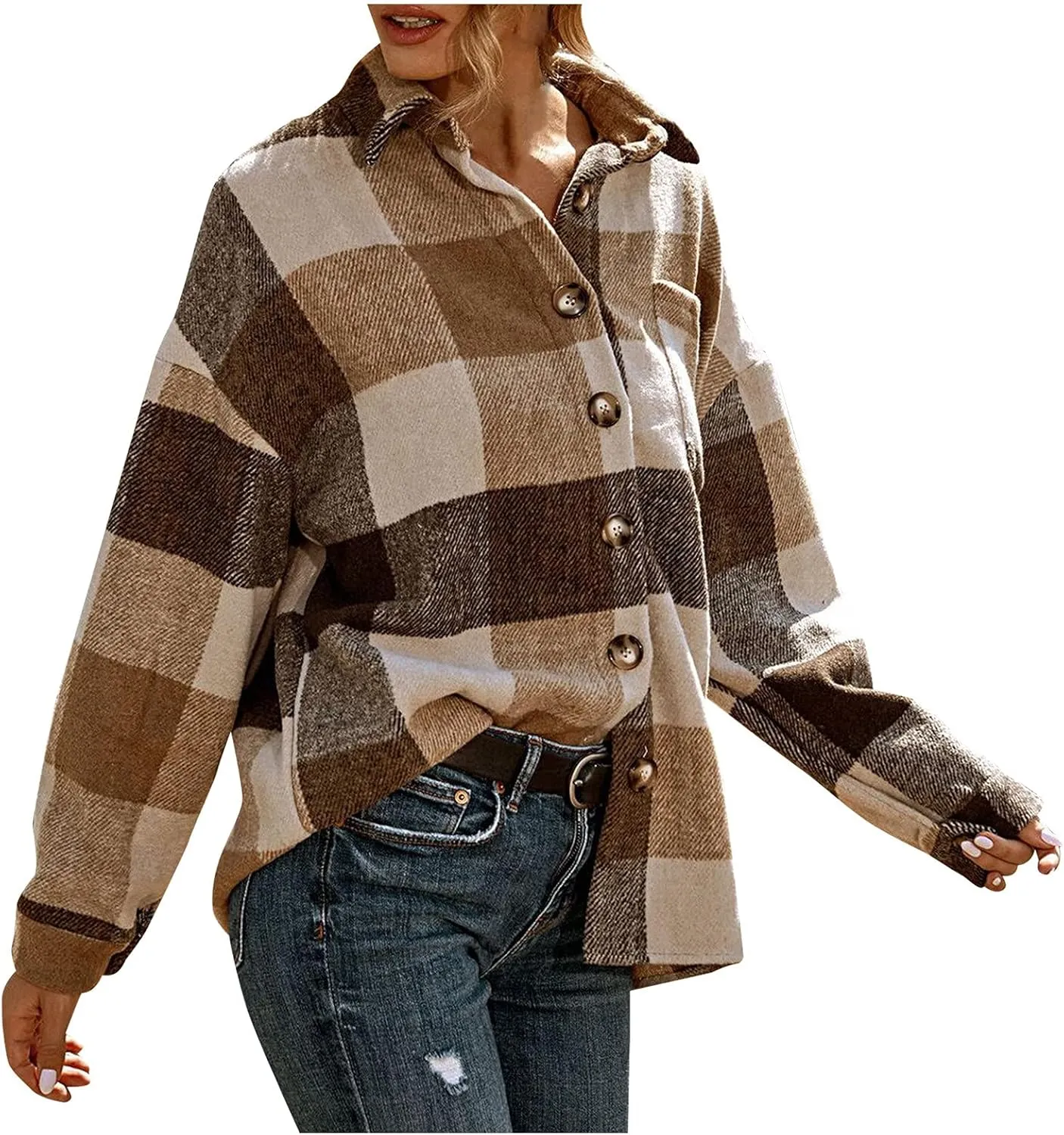 Plaid Flannel Shirts for Women Long Sleeve Button Down Shirt Jackets Casual Wool Blend Oversized Boyfriend Lapel Shackets