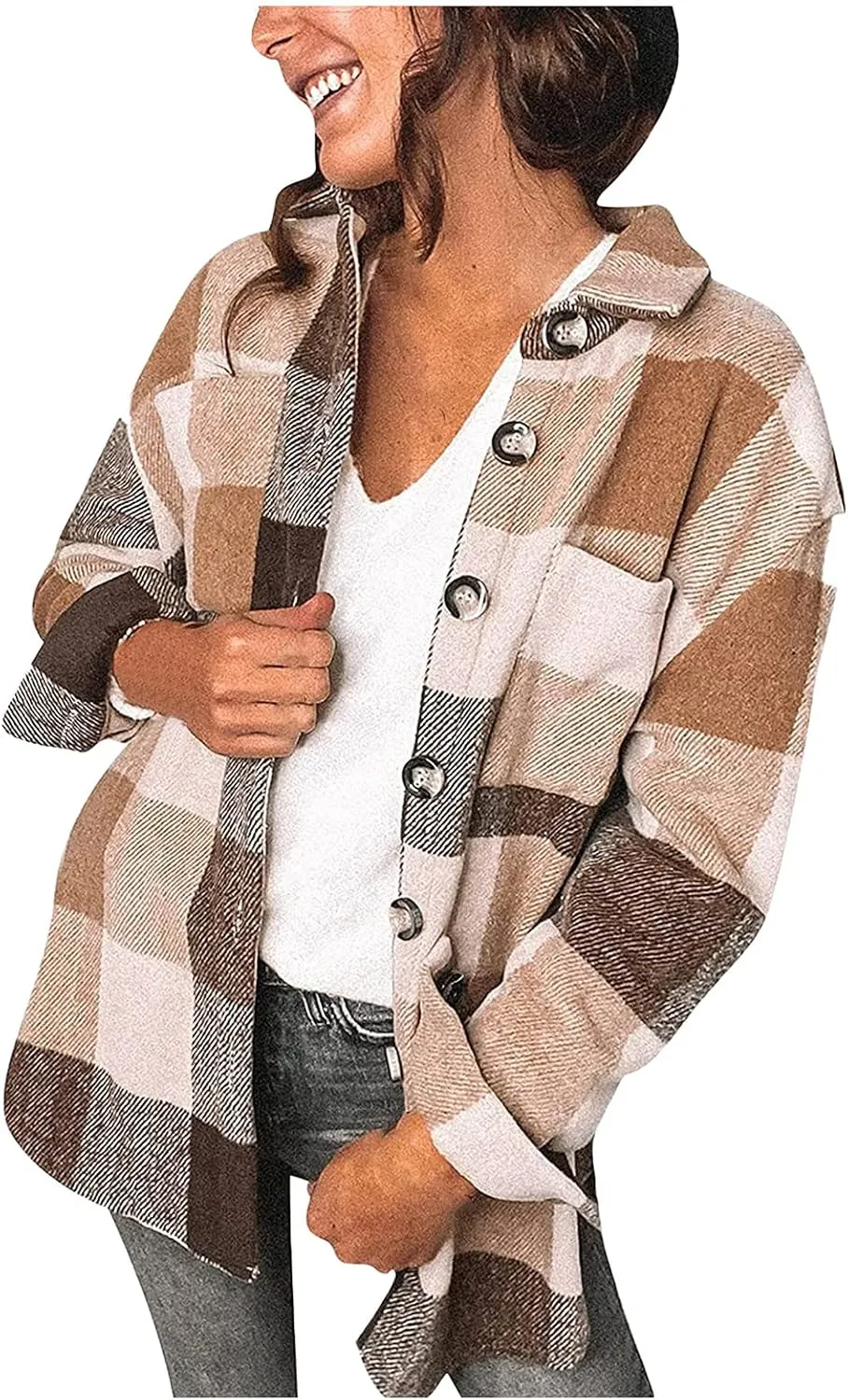 Plaid Flannel Shirts for Women Long Sleeve Button Down Shirt Jackets Casual Wool Blend Oversized Boyfriend Lapel Shackets