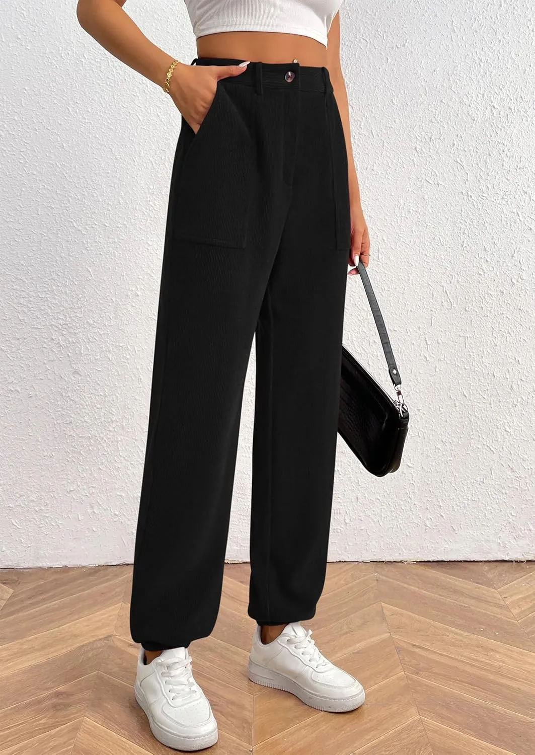 PRETTYGARDEN Women's Dressy Casual Pants Elastic High Waisted Work Office Corduroy Trouser Slacks with Pockets