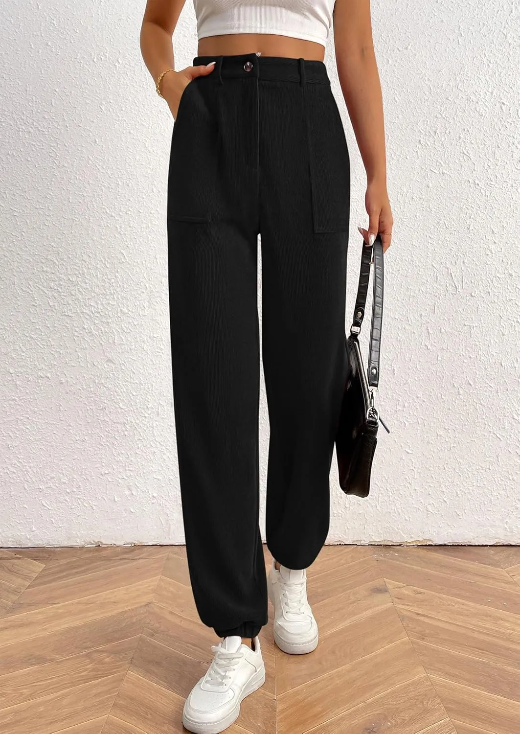 PRETTYGARDEN Women's Dressy Casual Pants Elastic High Waisted Work Office Corduroy Trouser Slacks with Pockets