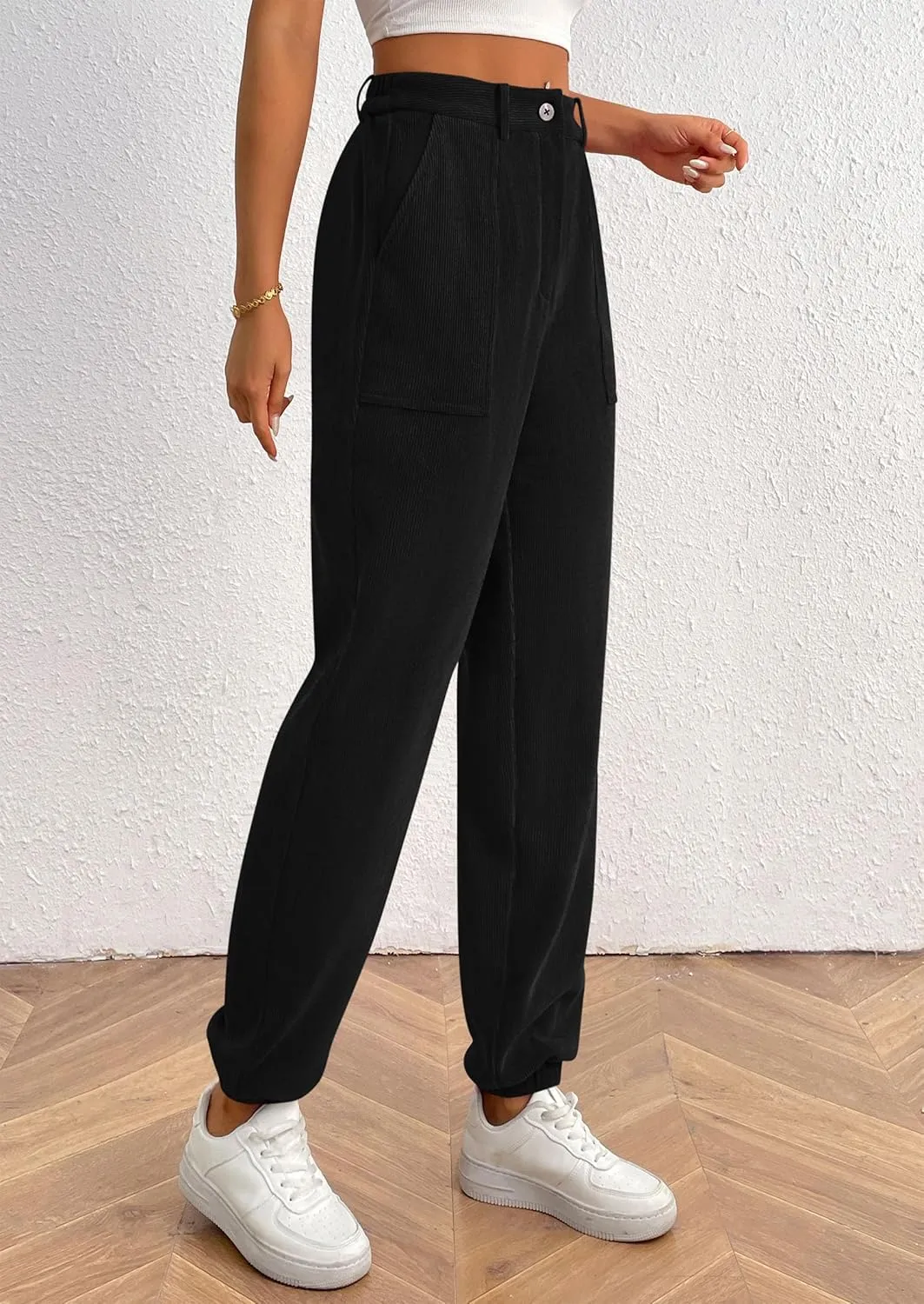 PRETTYGARDEN Women's Dressy Casual Pants Elastic High Waisted Work Office Corduroy Trouser Slacks with Pockets