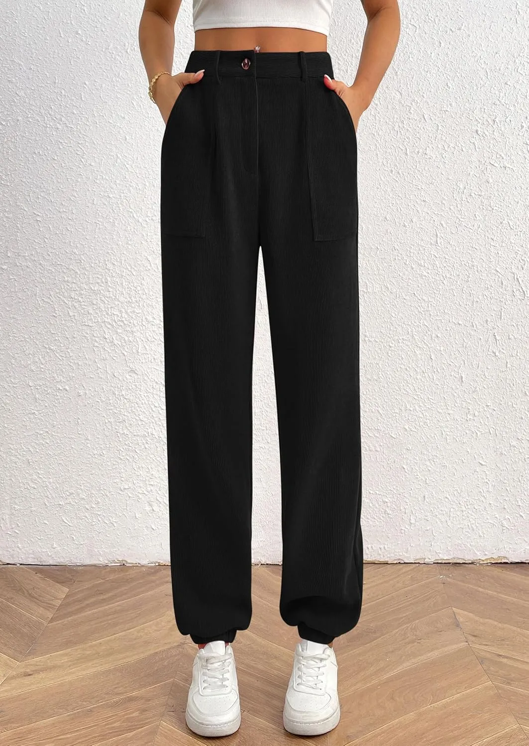 PRETTYGARDEN Women's Dressy Casual Pants Elastic High Waisted Work Office Corduroy Trouser Slacks with Pockets