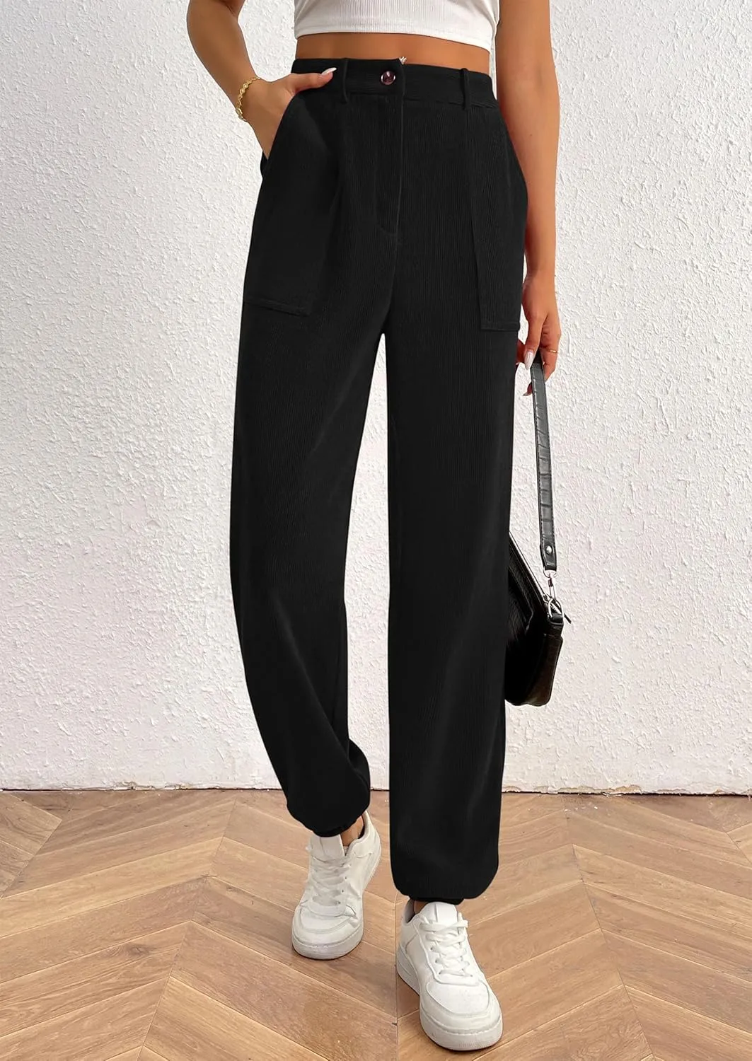 PRETTYGARDEN Women's Dressy Casual Pants Elastic High Waisted Work Office Corduroy Trouser Slacks with Pockets