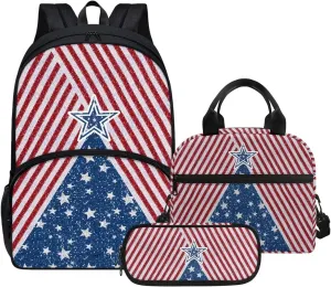 Red American Flag Stripes Stars Backpack Set for Girls Kids Lightweight Cute School Backpack with Lunch Box Pencil Case Adjustable Strap Padded Book Bag Insulated Lunch Bag