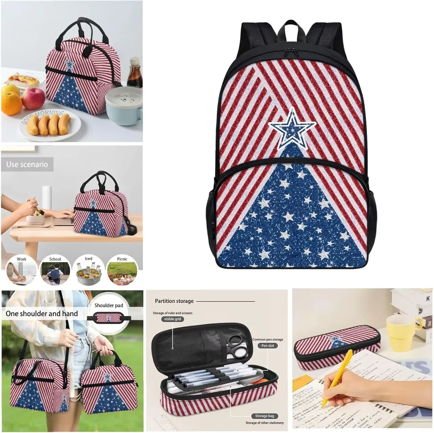 Red American Flag Stripes Stars Backpack Set for Girls Kids Lightweight Cute School Backpack with Lunch Box Pencil Case Adjustable Strap Padded Book Bag Insulated Lunch Bag
