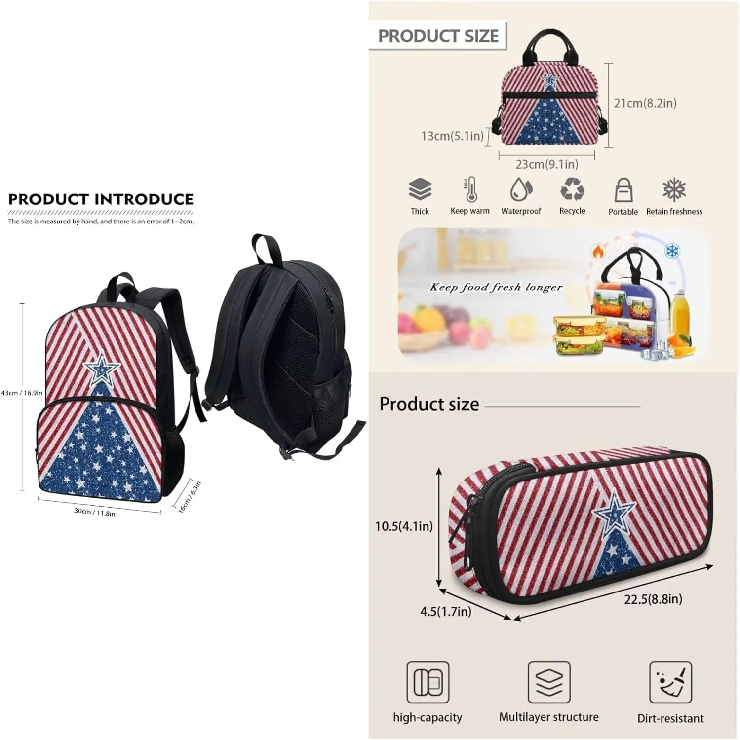 Red American Flag Stripes Stars Backpack Set for Girls Kids Lightweight Cute School Backpack with Lunch Box Pencil Case Adjustable Strap Padded Book Bag Insulated Lunch Bag