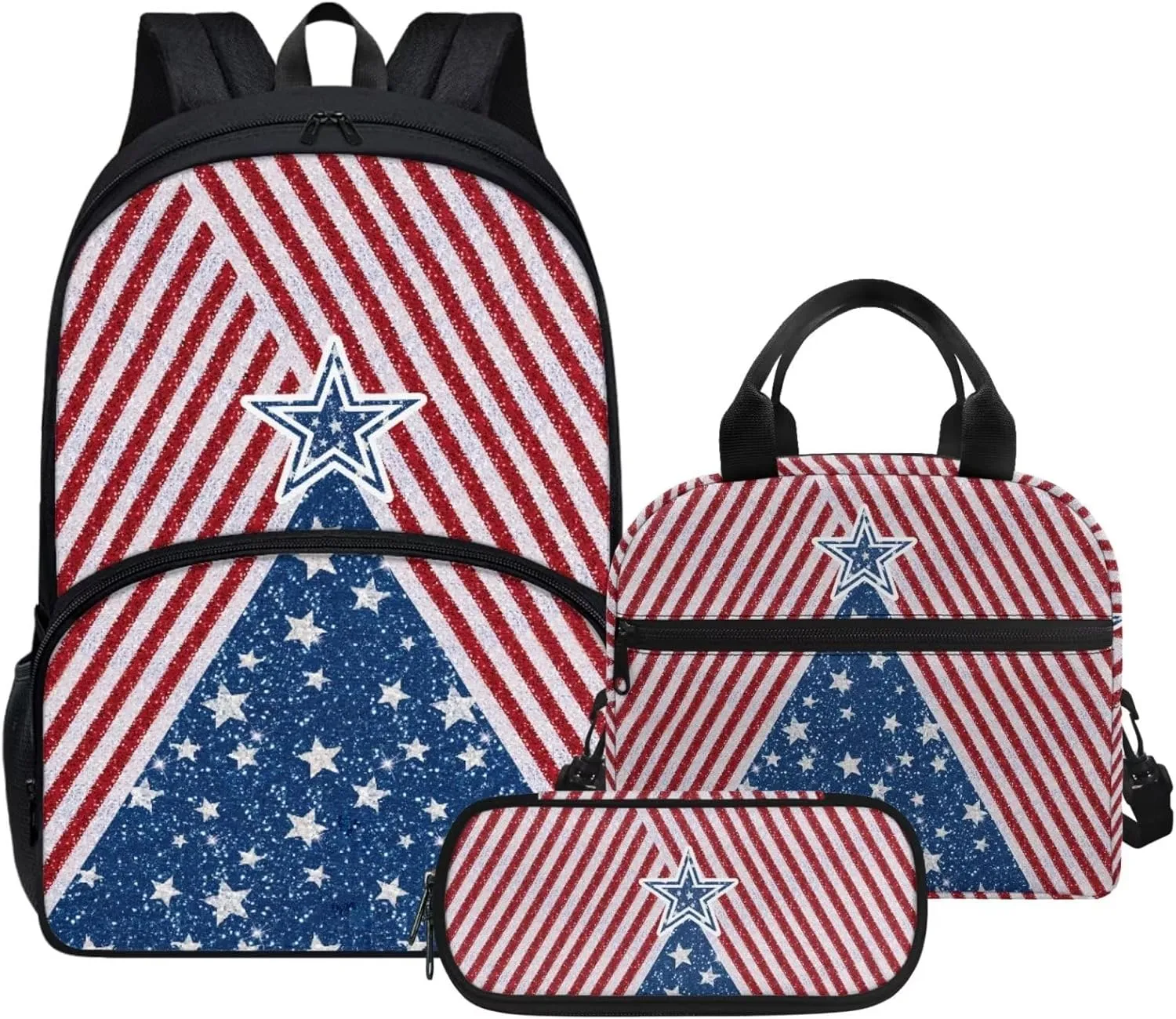 Red American Flag Stripes Stars Backpack Set for Girls Kids Lightweight Cute School Backpack with Lunch Box Pencil Case Adjustable Strap Padded Book Bag Insulated Lunch Bag