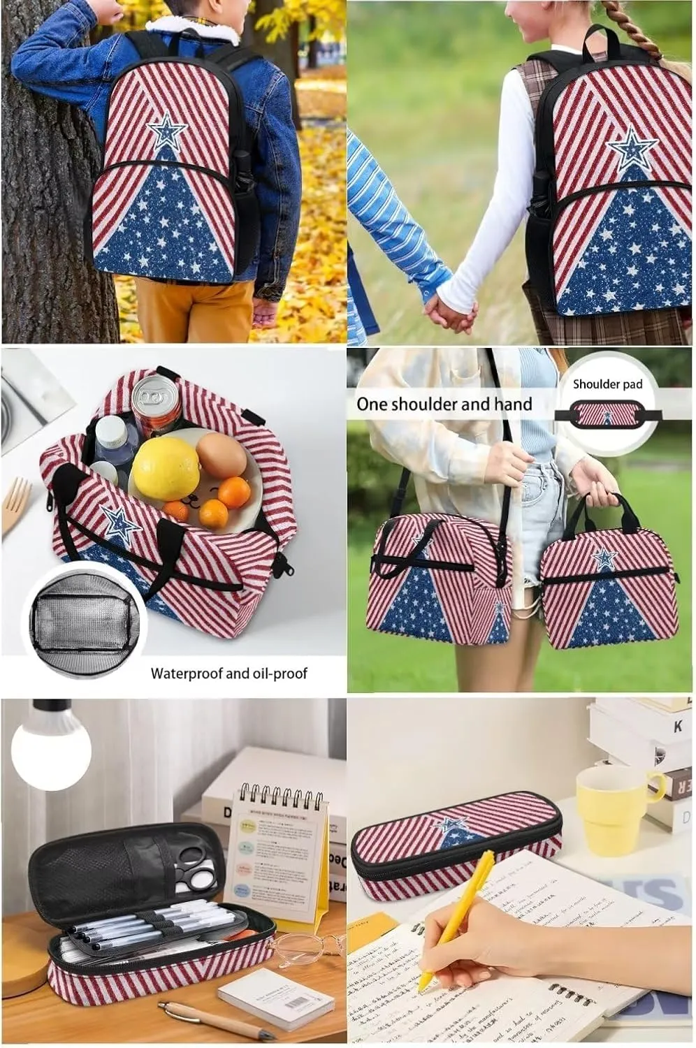 Red American Flag Stripes Stars Backpack Set for Girls Kids Lightweight Cute School Backpack with Lunch Box Pencil Case Adjustable Strap Padded Book Bag Insulated Lunch Bag
