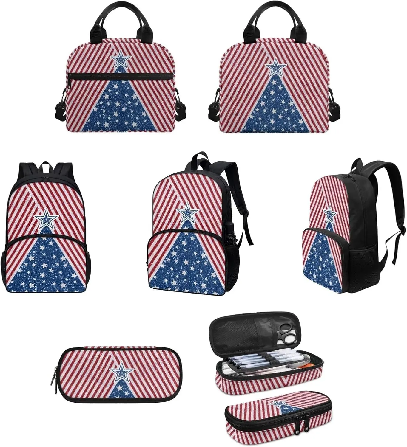Red American Flag Stripes Stars Backpack Set for Girls Kids Lightweight Cute School Backpack with Lunch Box Pencil Case Adjustable Strap Padded Book Bag Insulated Lunch Bag
