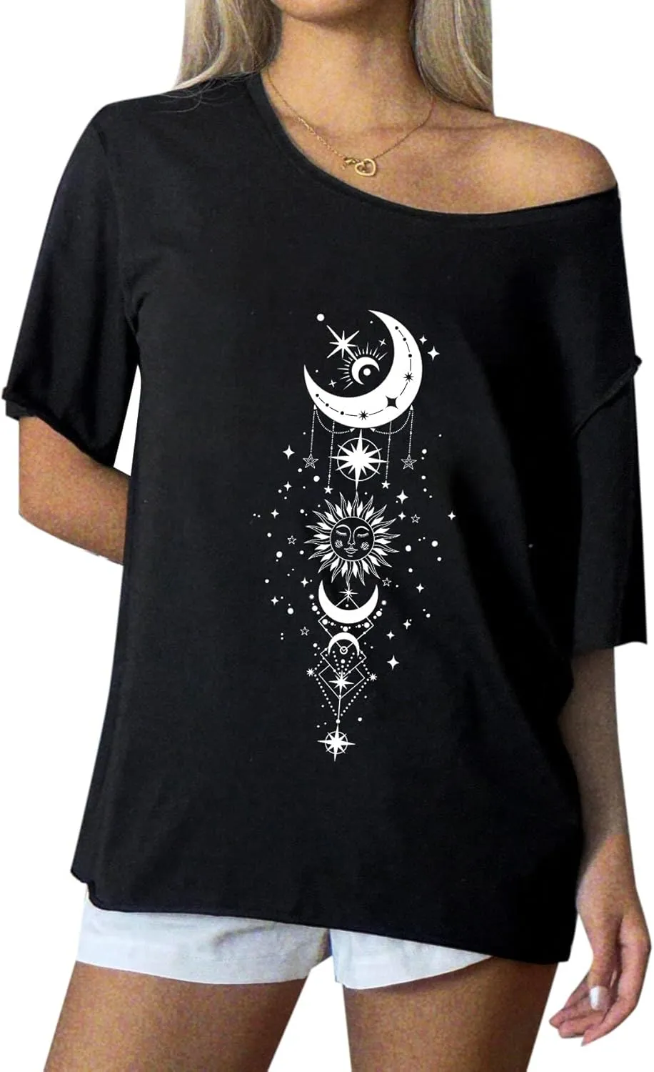 Remidoo Womens Off The Shoulder Top Oversized Tshirts Graphic Tee Short Sleeve Loose Shirt