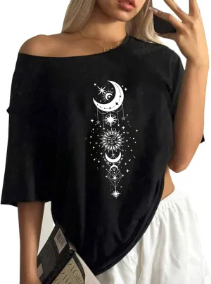 Remidoo Womens Off The Shoulder Top Oversized Tshirts Graphic Tee Short Sleeve Loose Shirt