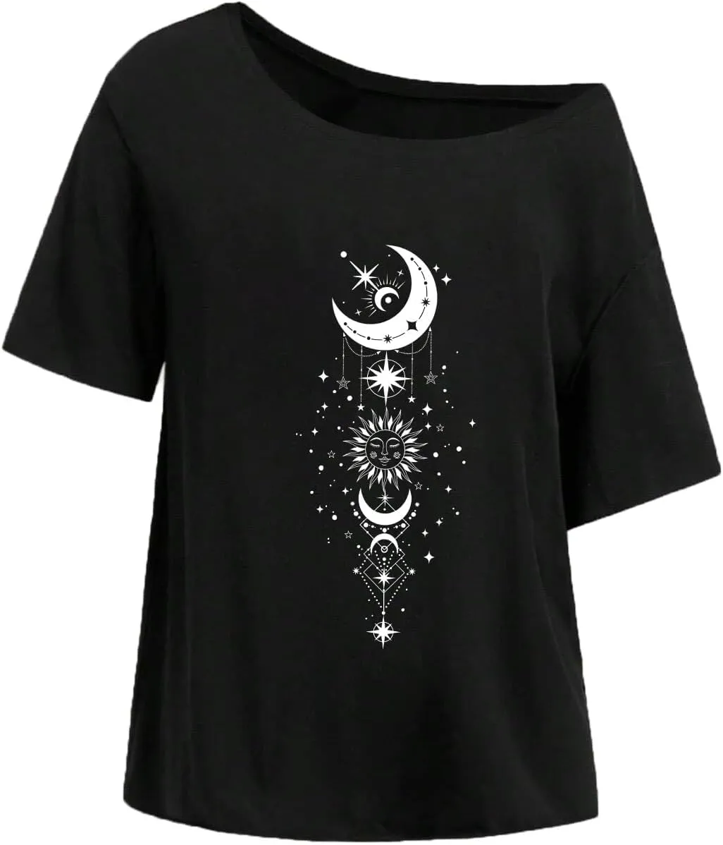 Remidoo Womens Off The Shoulder Top Oversized Tshirts Graphic Tee Short Sleeve Loose Shirt