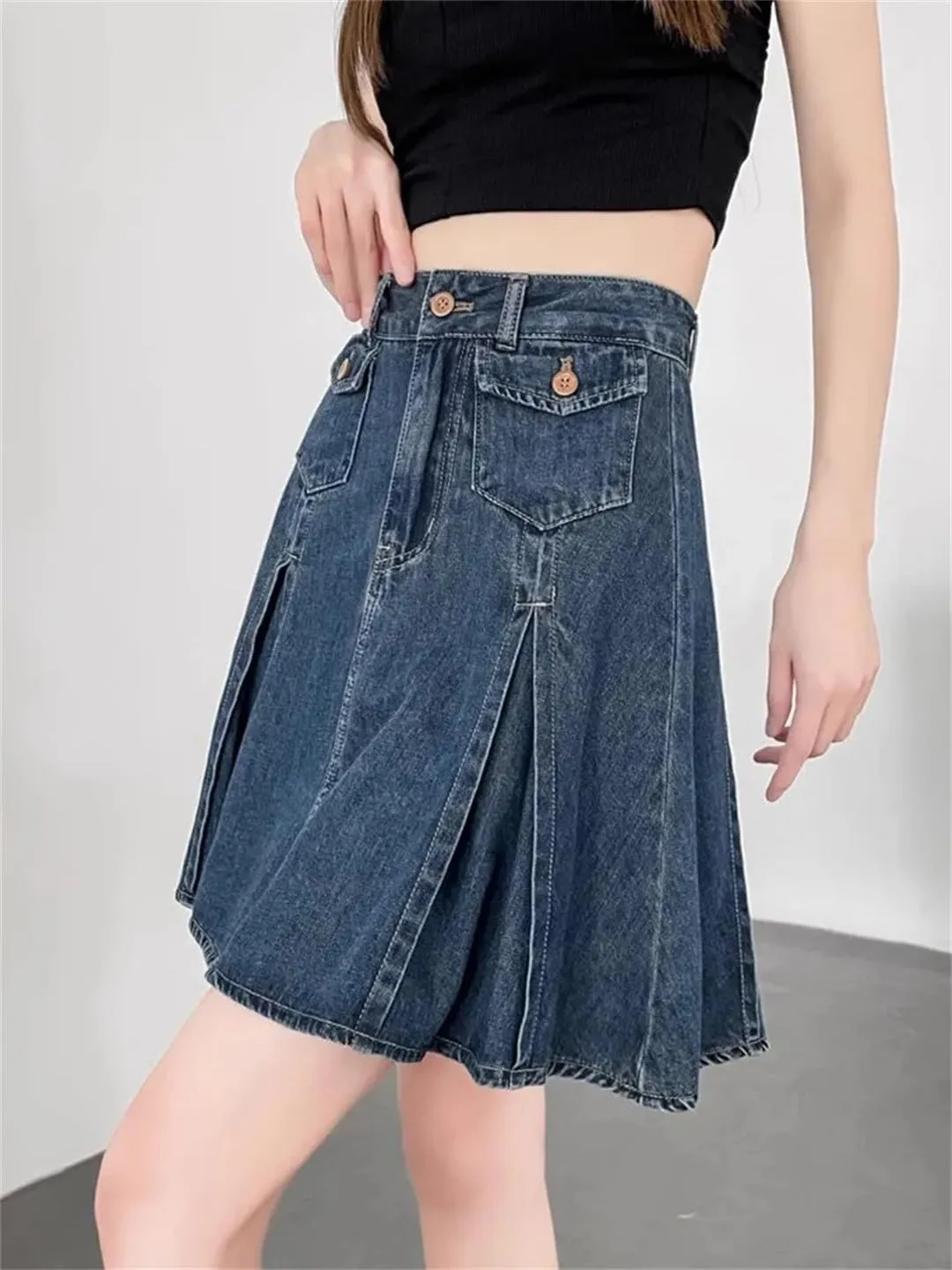 Retro Blue Denim Pleated Skirt for Women Ummer High Waist A-Line Mini Skort Skirt
