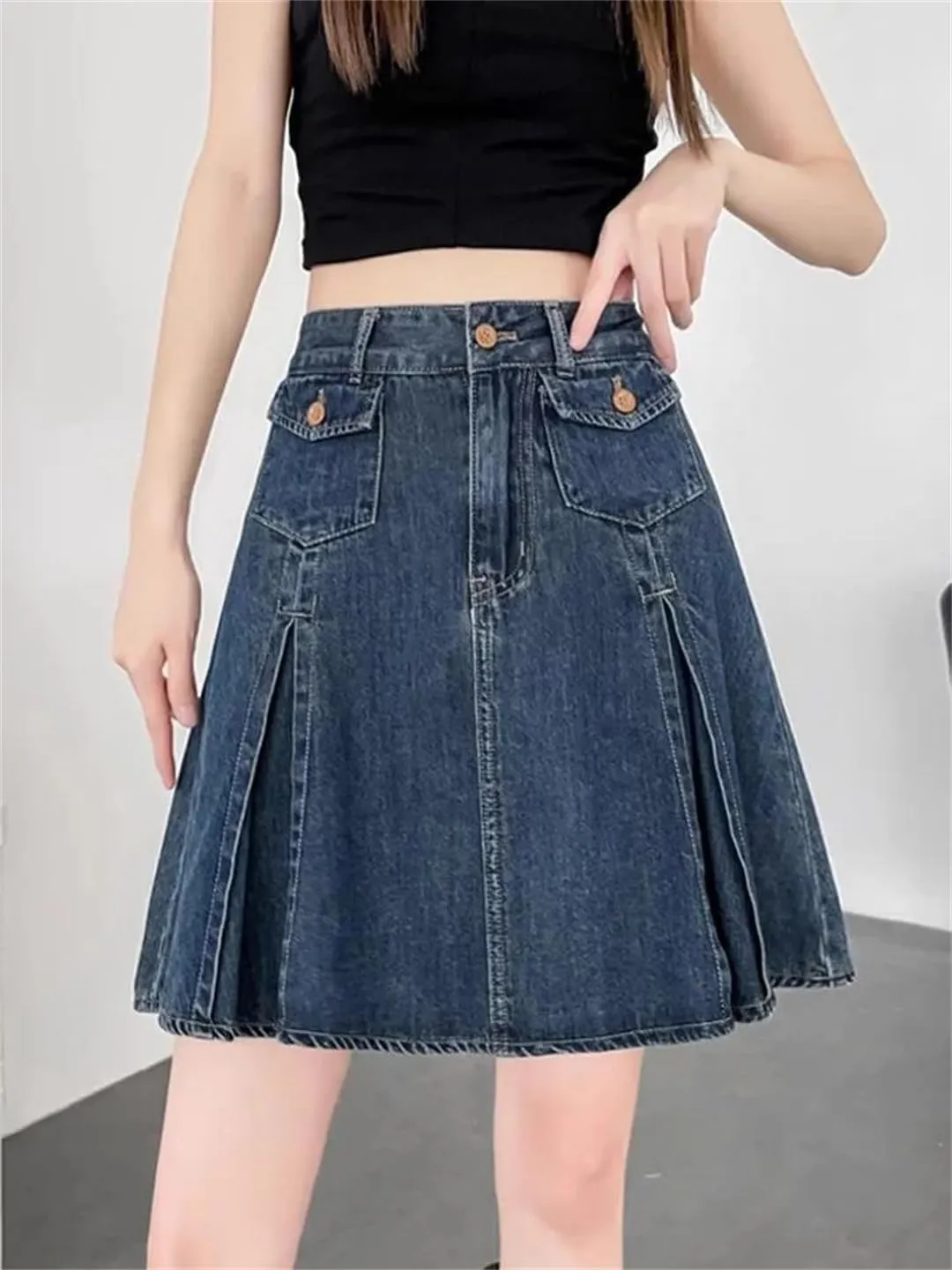 Retro Blue Denim Pleated Skirt for Women Ummer High Waist A-Line Mini Skort Skirt