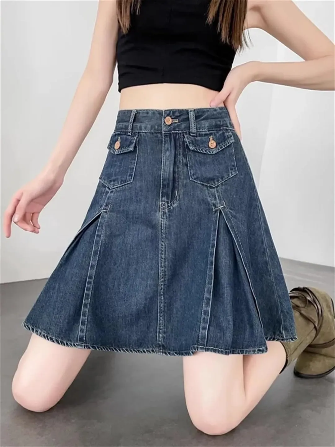 Retro Blue Denim Pleated Skirt for Women Ummer High Waist A-Line Mini Skort Skirt