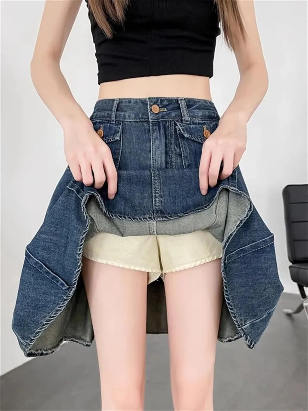 Retro Blue Denim Pleated Skirt for Women Ummer High Waist A-Line Mini Skort Skirt