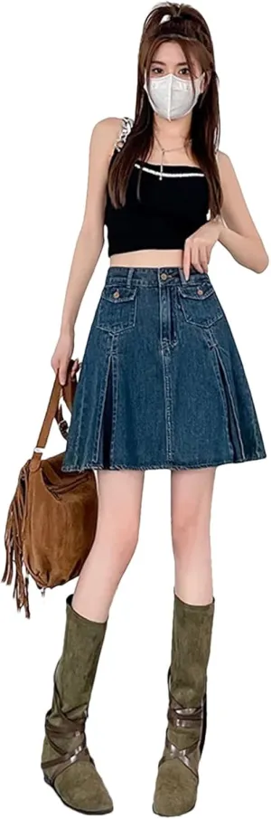 Retro Blue Denim Pleated Skirt for Women Ummer High Waist A-Line Mini Skort Skirt