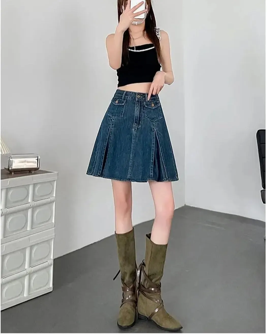 Retro Blue Denim Pleated Skirt for Women Ummer High Waist A-Line Mini Skort Skirt