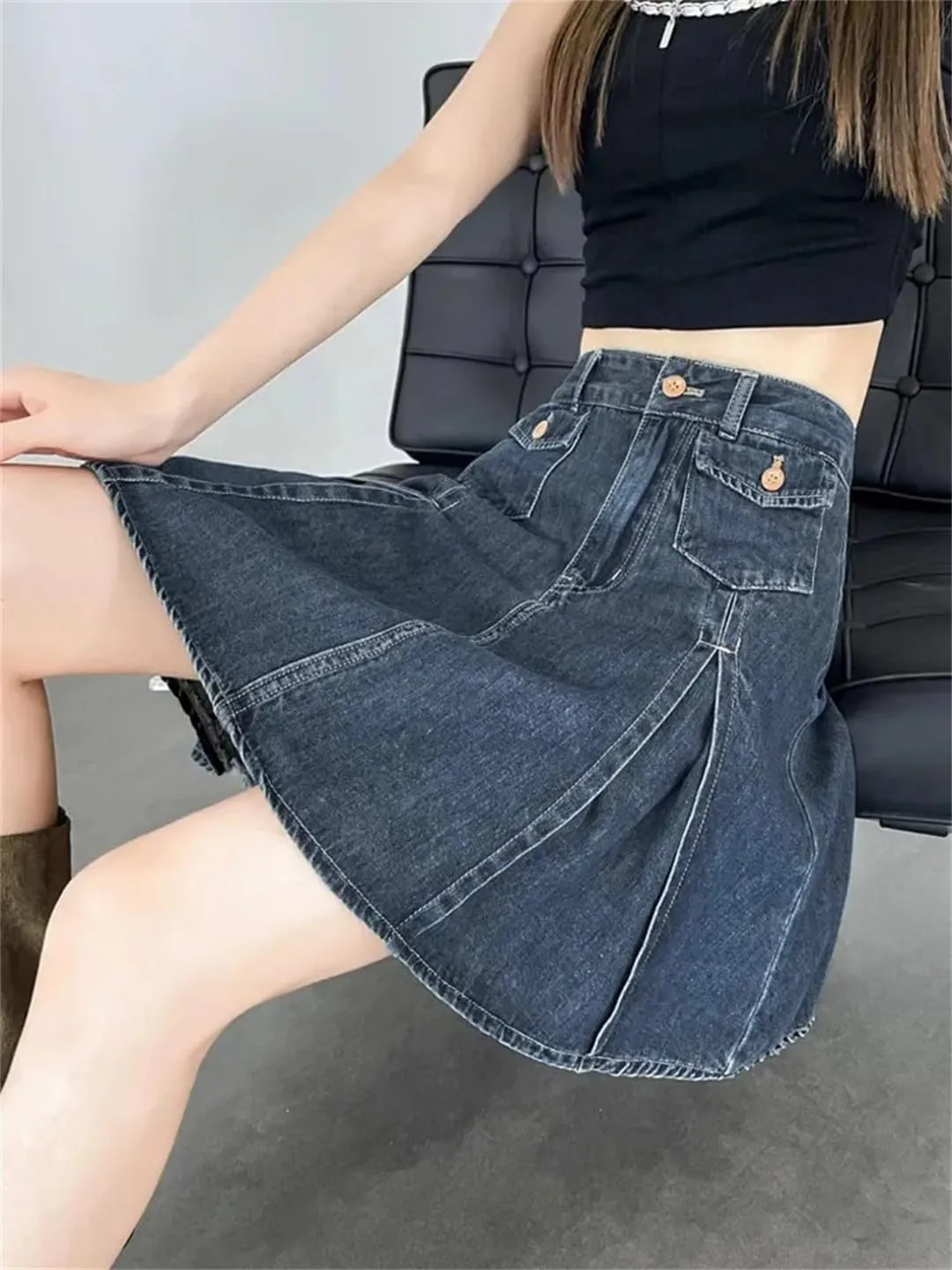 Retro Blue Denim Pleated Skirt for Women Ummer High Waist A-Line Mini Skort Skirt