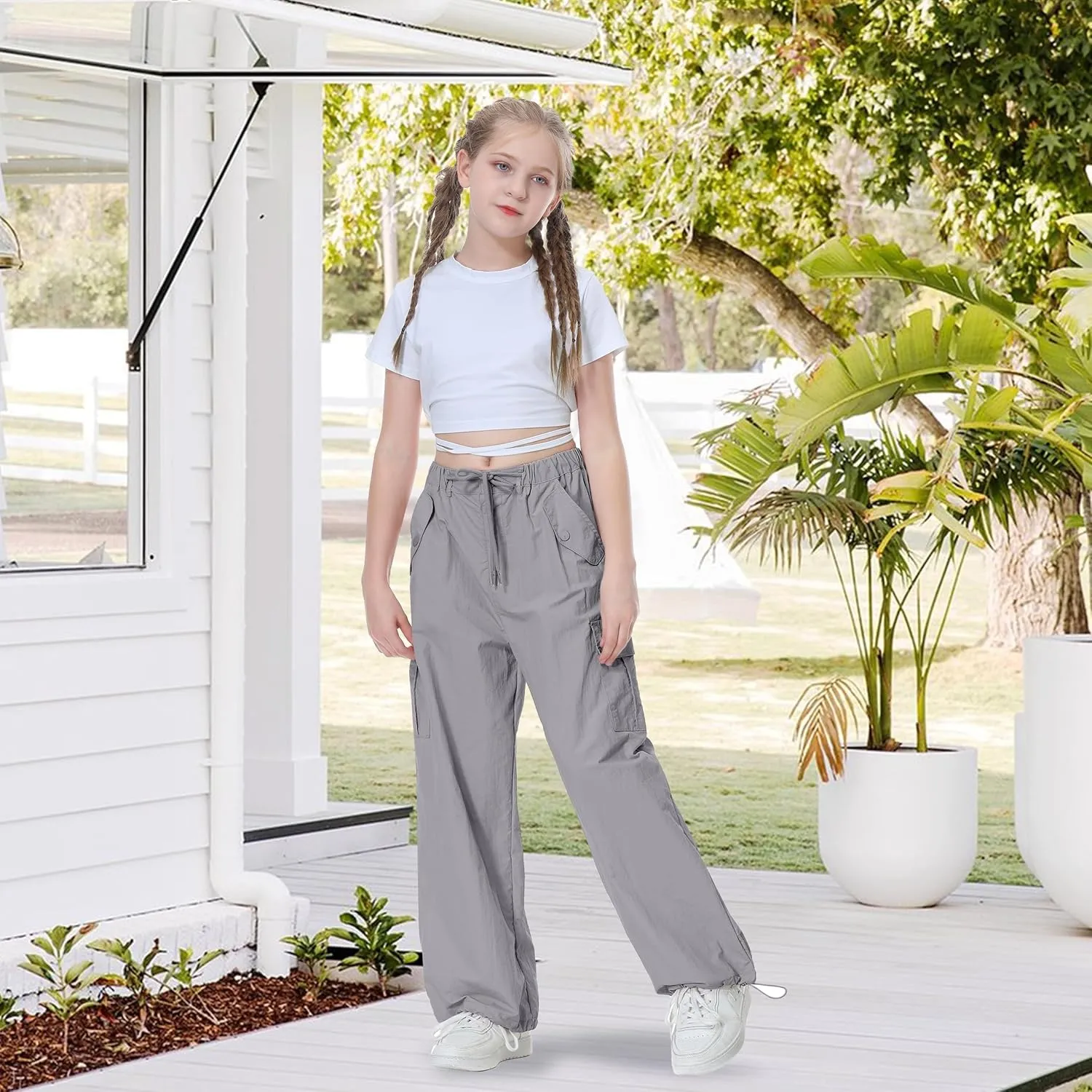 Rolanko Parachute Pants for Girls Y2K Cargo Trousers with Pockets Harajuku Jogger Pants Kids 4-14 Years