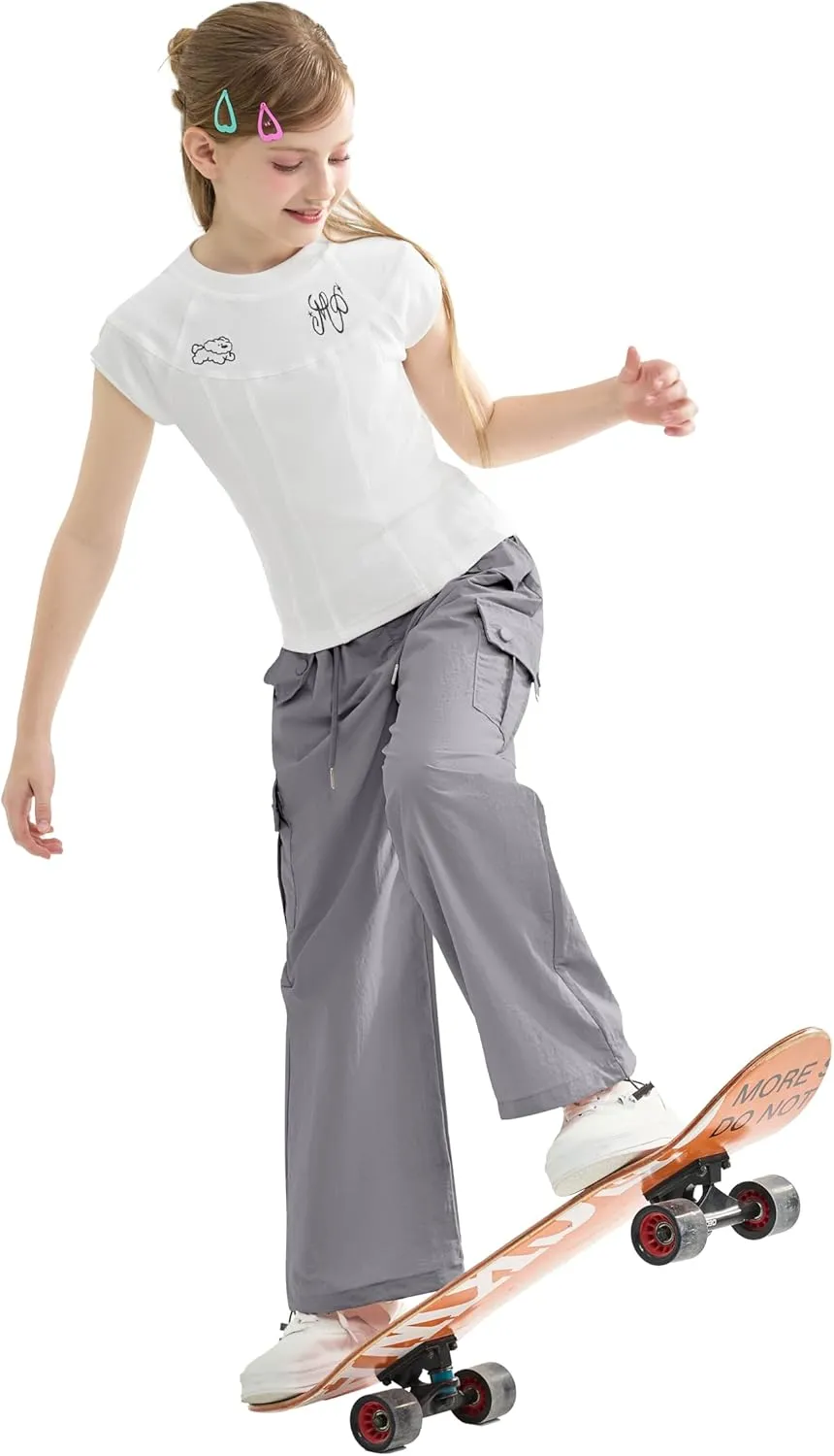 Rolanko Parachute Pants for Girls Y2K Cargo Trousers with Pockets Harajuku Jogger Pants Kids 4-14 Years