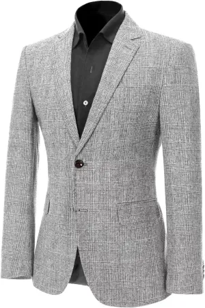 ROZU Tweed Plaid Men's Sport Coats & Blazers Wool Blend Jackets for Men Slim Fit Two Button Suit Blazer Casual Business