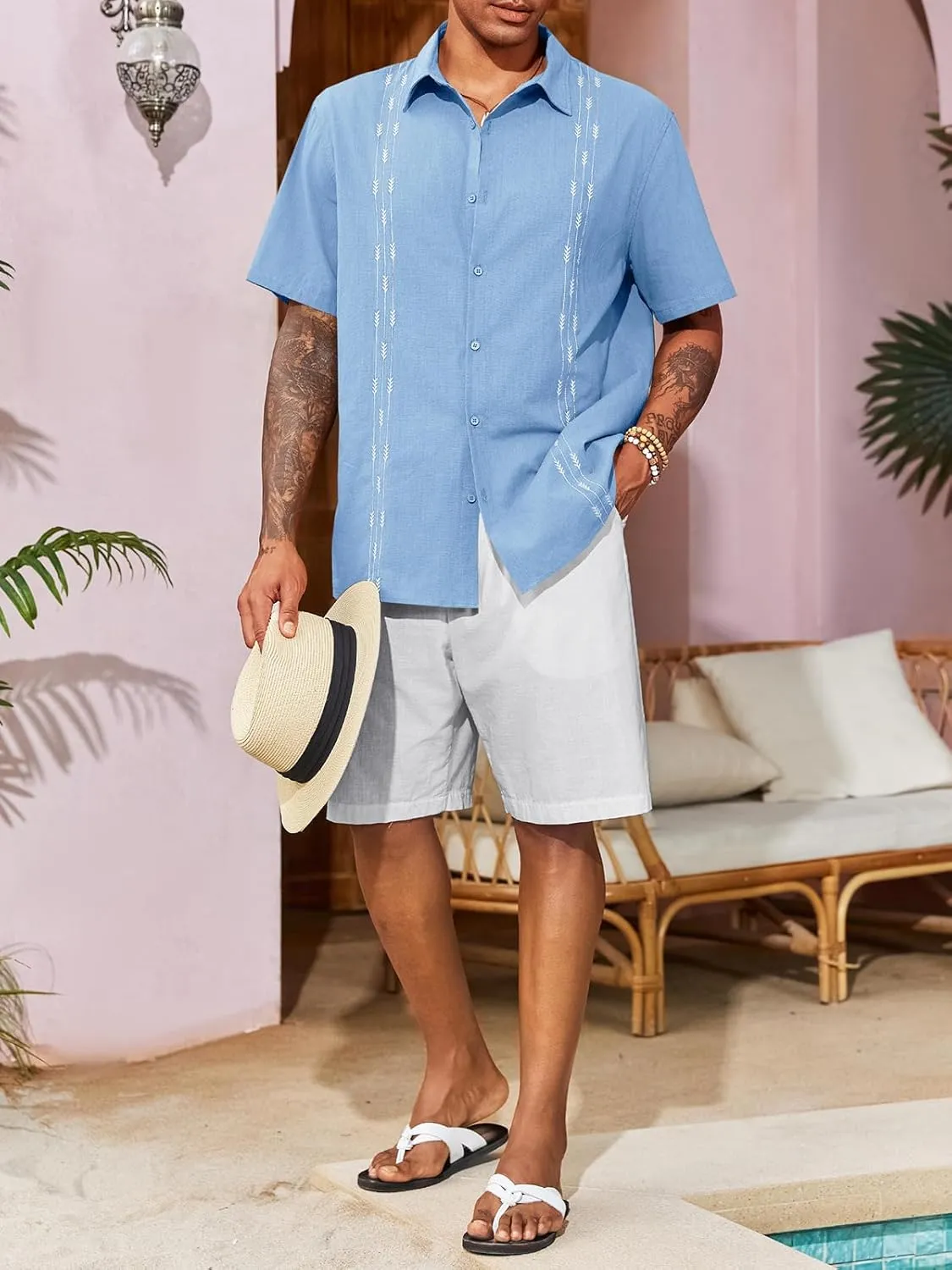 Runcati Mens Linen Shirt Guayabera Cuban Short Sleeve Button Down Cotton Summer Beach Hippie Shirts
