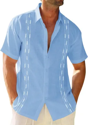 Runcati Mens Linen Shirt Guayabera Cuban Short Sleeve Button Down Cotton Summer Beach Hippie Shirts