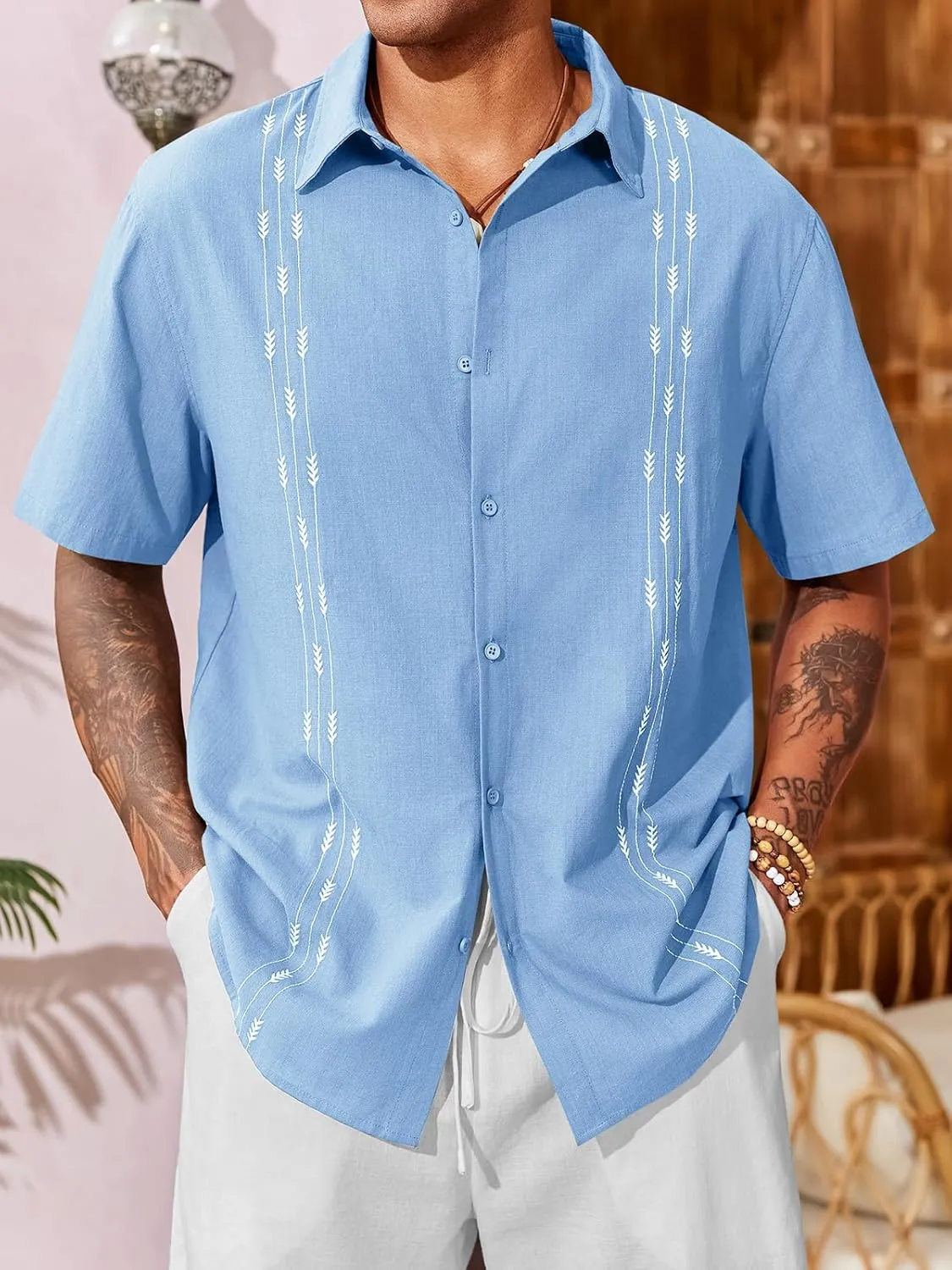 Runcati Mens Linen Shirt Guayabera Cuban Short Sleeve Button Down Cotton Summer Beach Hippie Shirts