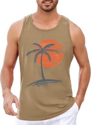 Runcati Mens Workout Tank Tops Gym Sleeveless Shirts Palm Tree Vintage Style T-Shirt