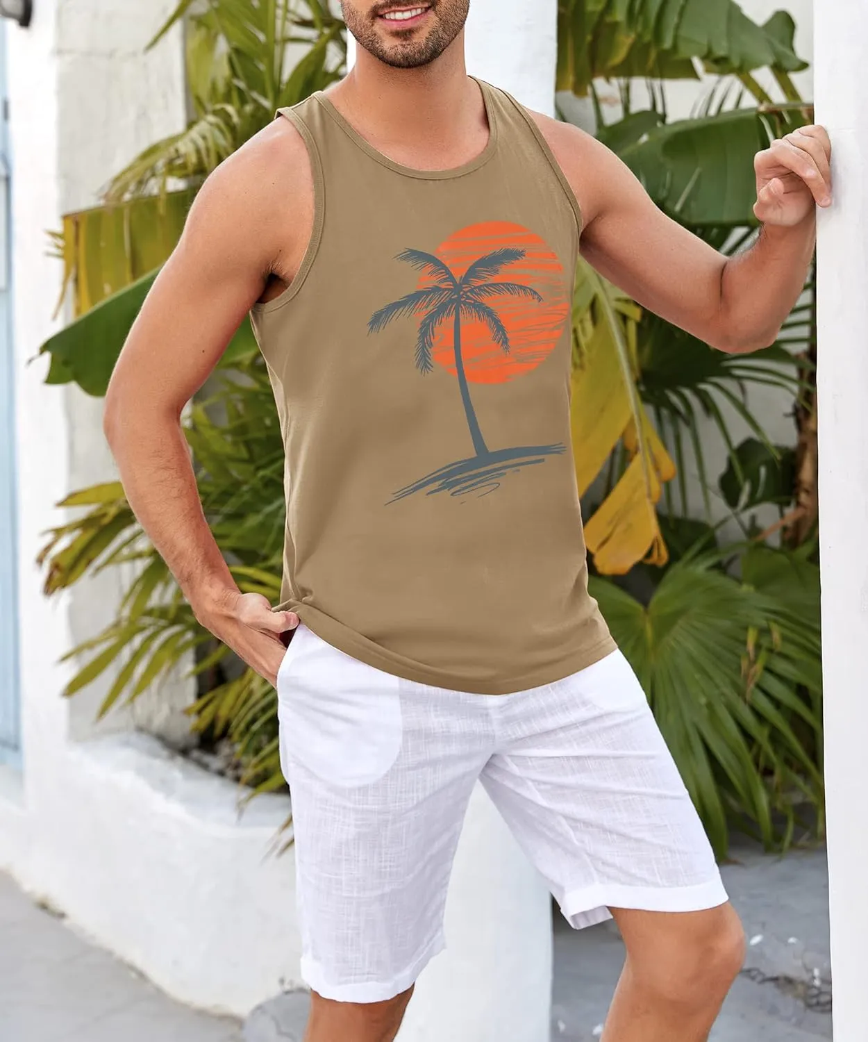 Runcati Mens Workout Tank Tops Gym Sleeveless Shirts Palm Tree Vintage Style T-Shirt