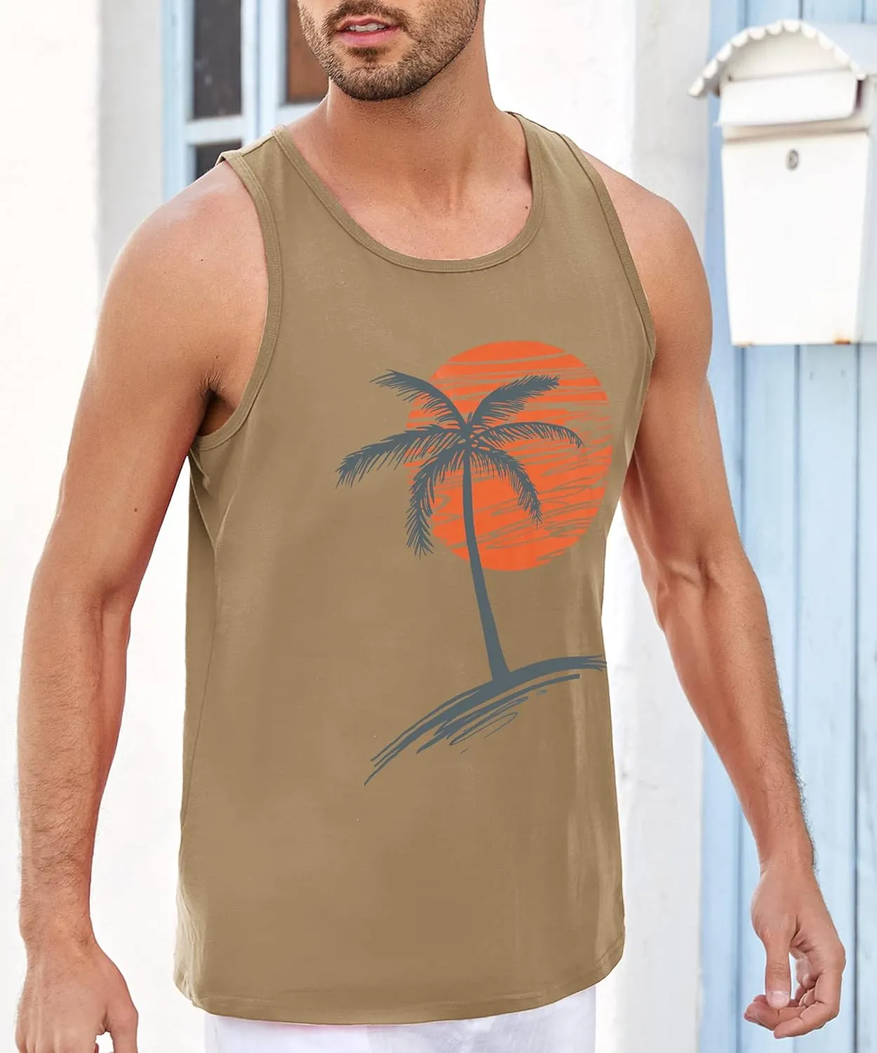 Runcati Mens Workout Tank Tops Gym Sleeveless Shirts Palm Tree Vintage Style T-Shirt