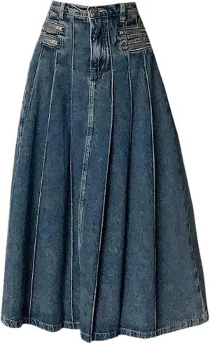 SaoBiiu Women Pleated High Waist Denim Skirt Summer A-Line Jean Midi Skirts