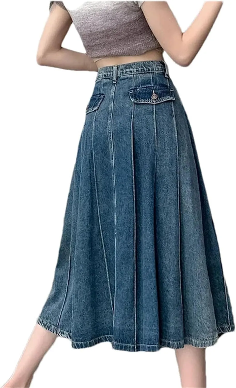 SaoBiiu Women Pleated High Waist Denim Skirt Summer A-Line Jean Midi Skirts