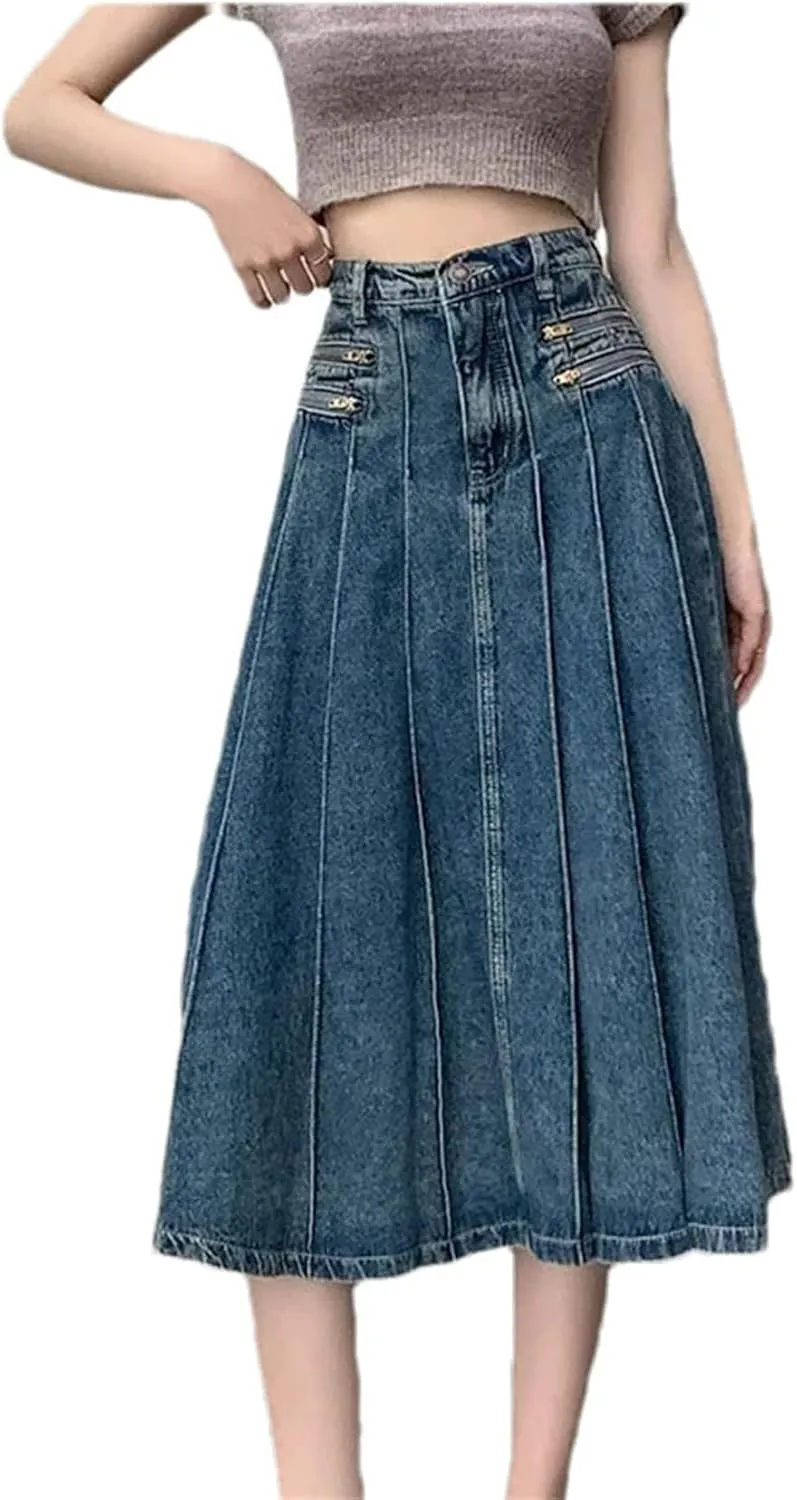 SaoBiiu Women Pleated High Waist Denim Skirt Summer A-Line Jean Midi Skirts