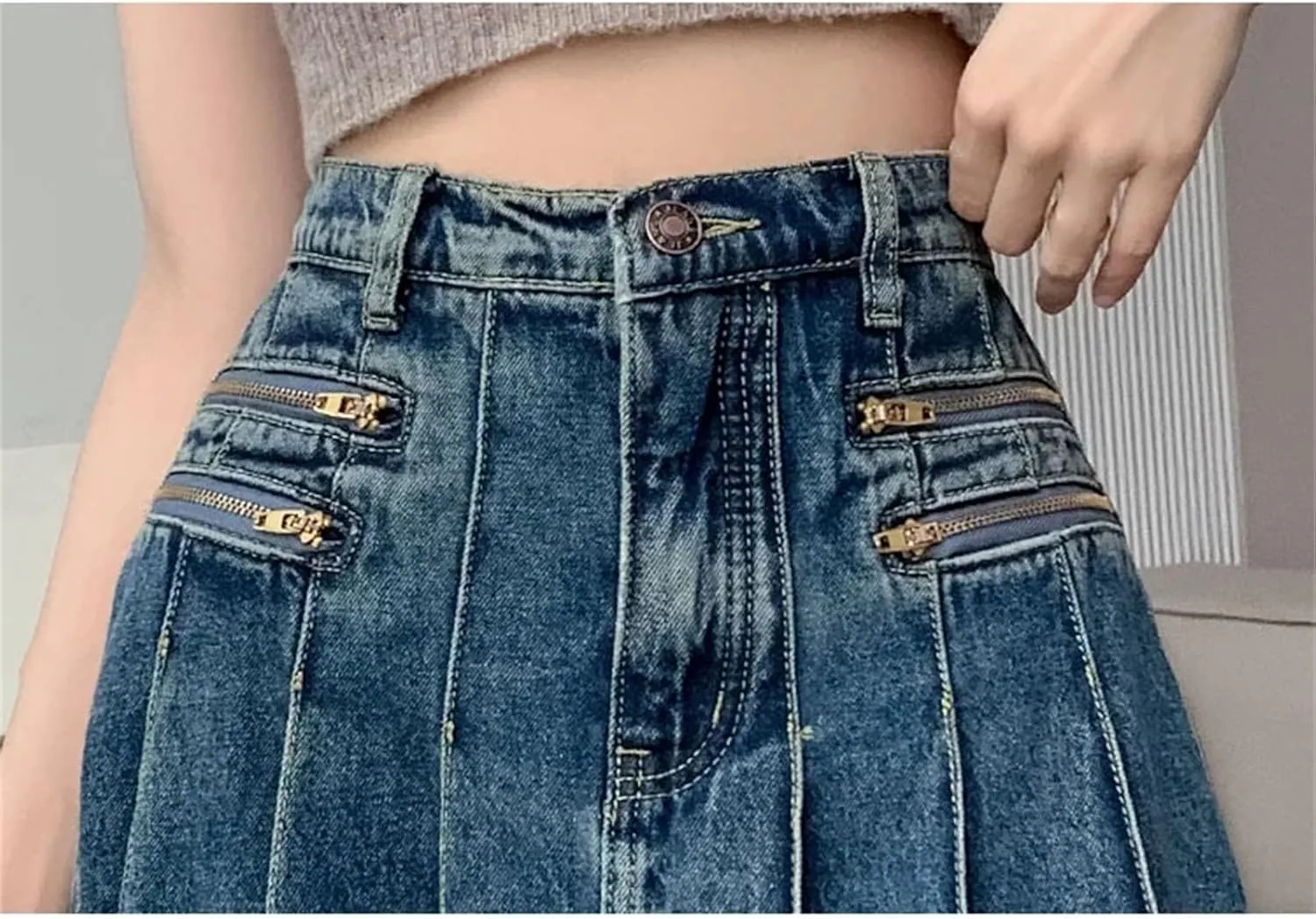 SaoBiiu Women Pleated High Waist Denim Skirt Summer A-Line Jean Midi Skirts