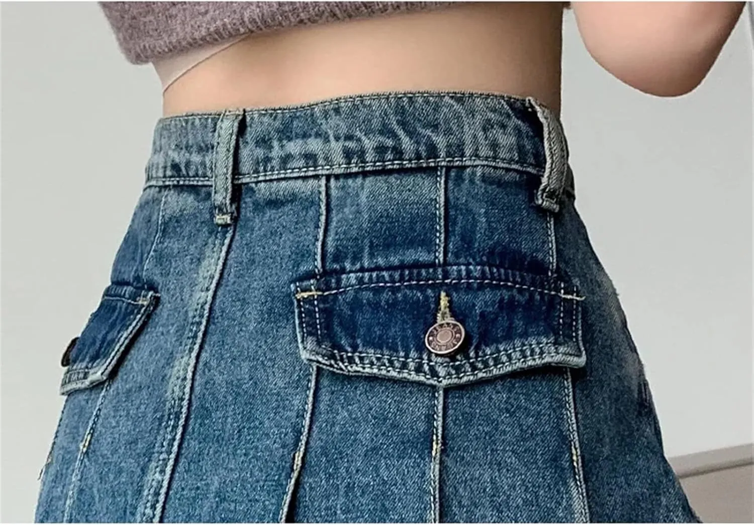 SaoBiiu Women Pleated High Waist Denim Skirt Summer A-Line Jean Midi Skirts