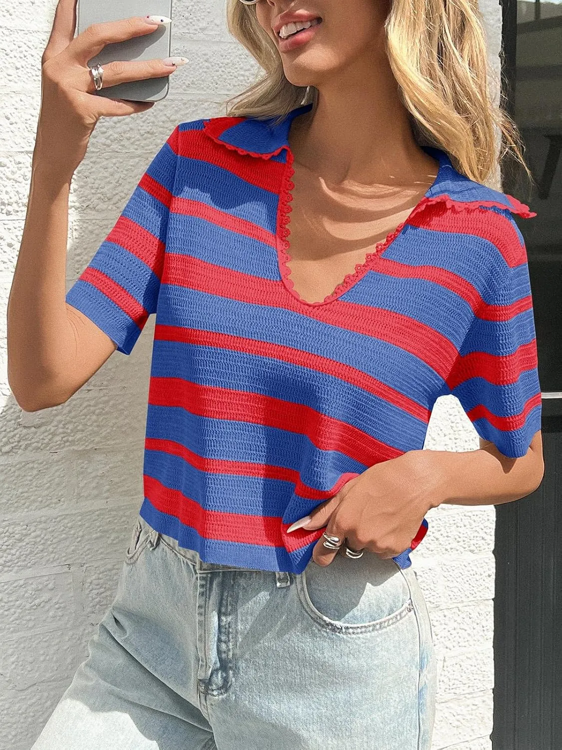 Saodimallsu Womens Cropped Striped Sweater Top Summer Short Sleeve V Neck Collared Going Out Trendy Loose Polo Shirt