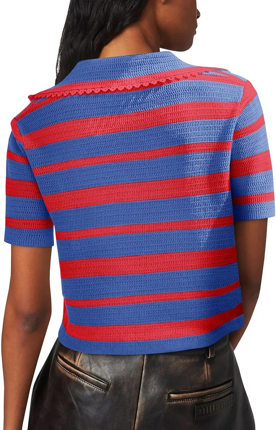 Saodimallsu Womens Cropped Striped Sweater Top Summer Short Sleeve V Neck Collared Going Out Trendy Loose Polo Shirt