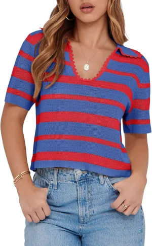 Saodimallsu Womens Cropped Striped Sweater Top Summer Short Sleeve V Neck Collared Going Out Trendy Loose Polo Shirt