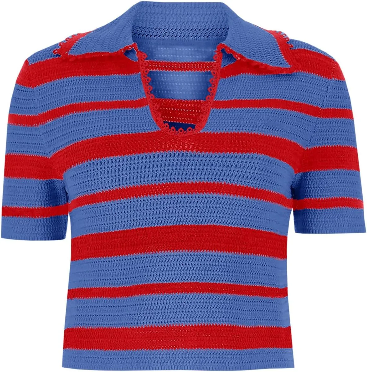 Saodimallsu Womens Cropped Striped Sweater Top Summer Short Sleeve V Neck Collared Going Out Trendy Loose Polo Shirt
