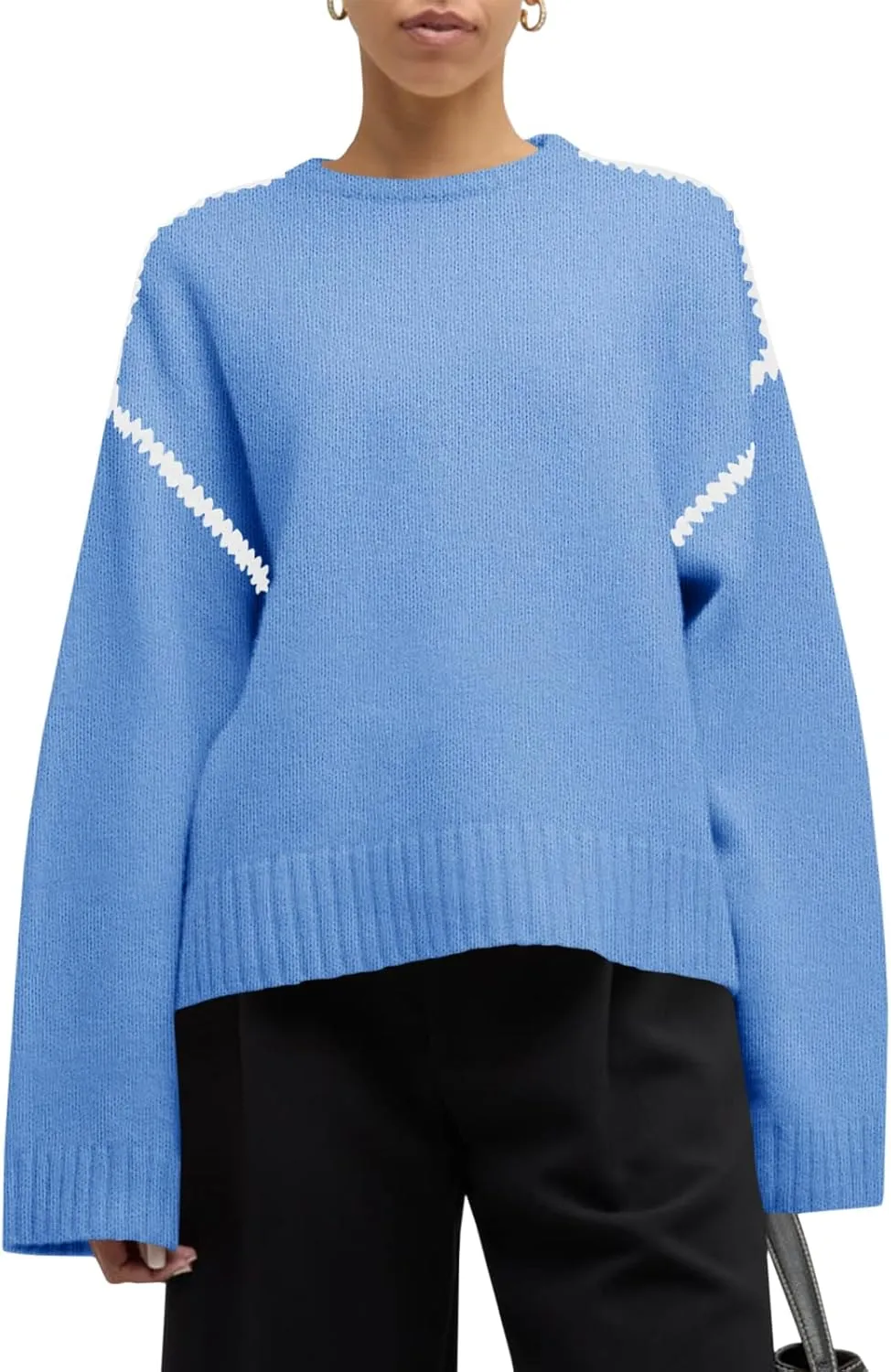 Saodimallsu Womens Sweaters Crewneck Long Sleeve Fall Chunky Knit Sweater Color Block Slouchy Loose Pullover Jumper Tops