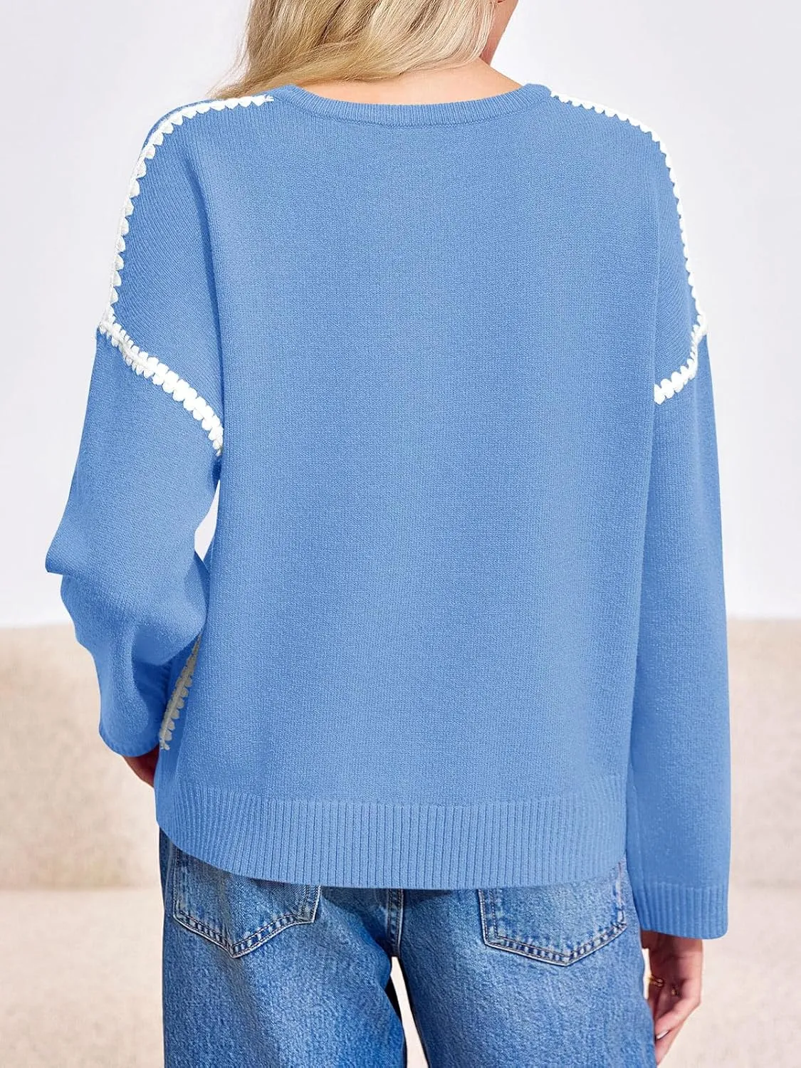 Saodimallsu Womens Sweaters Crewneck Long Sleeve Fall Chunky Knit Sweater Color Block Slouchy Loose Pullover Jumper Tops
