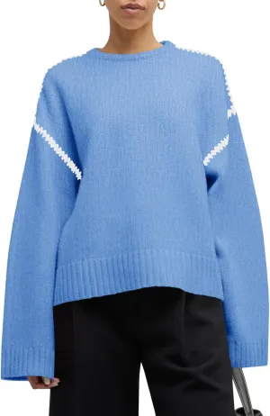 Saodimallsu Womens Sweaters Crewneck Long Sleeve Fall Chunky Knit Sweater Color Block Slouchy Loose Pullover Jumper Tops