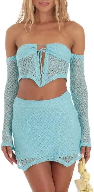 Sastianaen Women Lace Skirt Sets Y2k Off Shoulder Long Sleeve Crop Top Irregular Hem Bodycon Skirt Suit Trendy Outfit