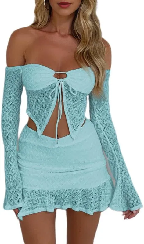 Sastianaen Women Lace Skirt Sets Y2k Off Shoulder Long Sleeve Crop Top Irregular Hem Bodycon Skirt Suit Trendy Outfit