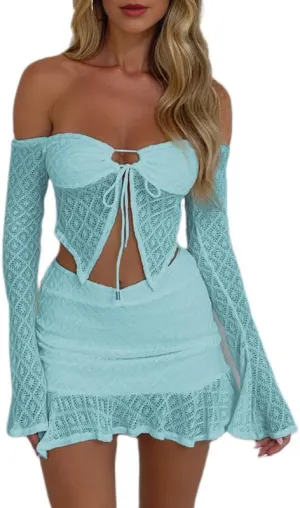 Sastianaen Women Lace Skirt Sets Y2k Off Shoulder Long Sleeve Crop Top Irregular Hem Bodycon Skirt Suit Trendy Outfit